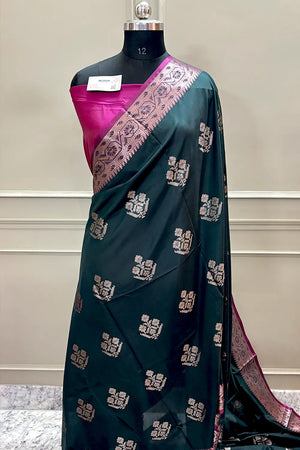 Bottle Green and Pink Golden Zari Banarasi Silk Saree
