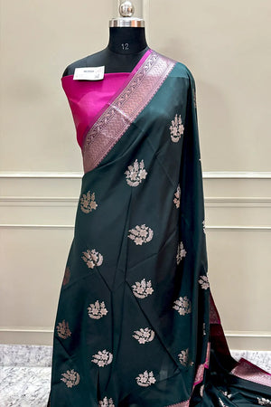 Bottle Green and Pink Golden Zari Banarasi Silk Saree