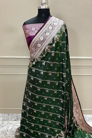 Bottle Green and Purple Golden Zari Katan Silk Banarasi Saree
