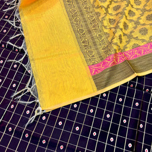 Brown Shataranj Banarasi Silk Suit With Yellow Dupatta