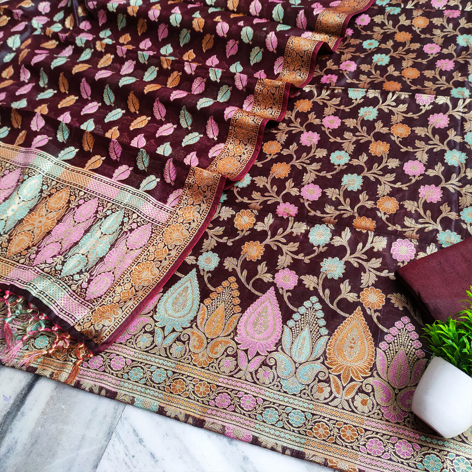 Dark Brown Tilfi Meenakari Satin Silk Banarasi Suit