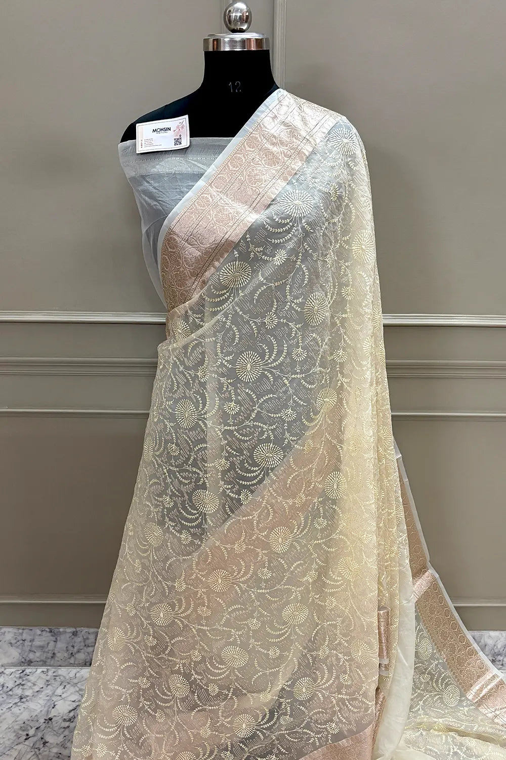 Cream Embroidery Organza Silk Banarasi Saree