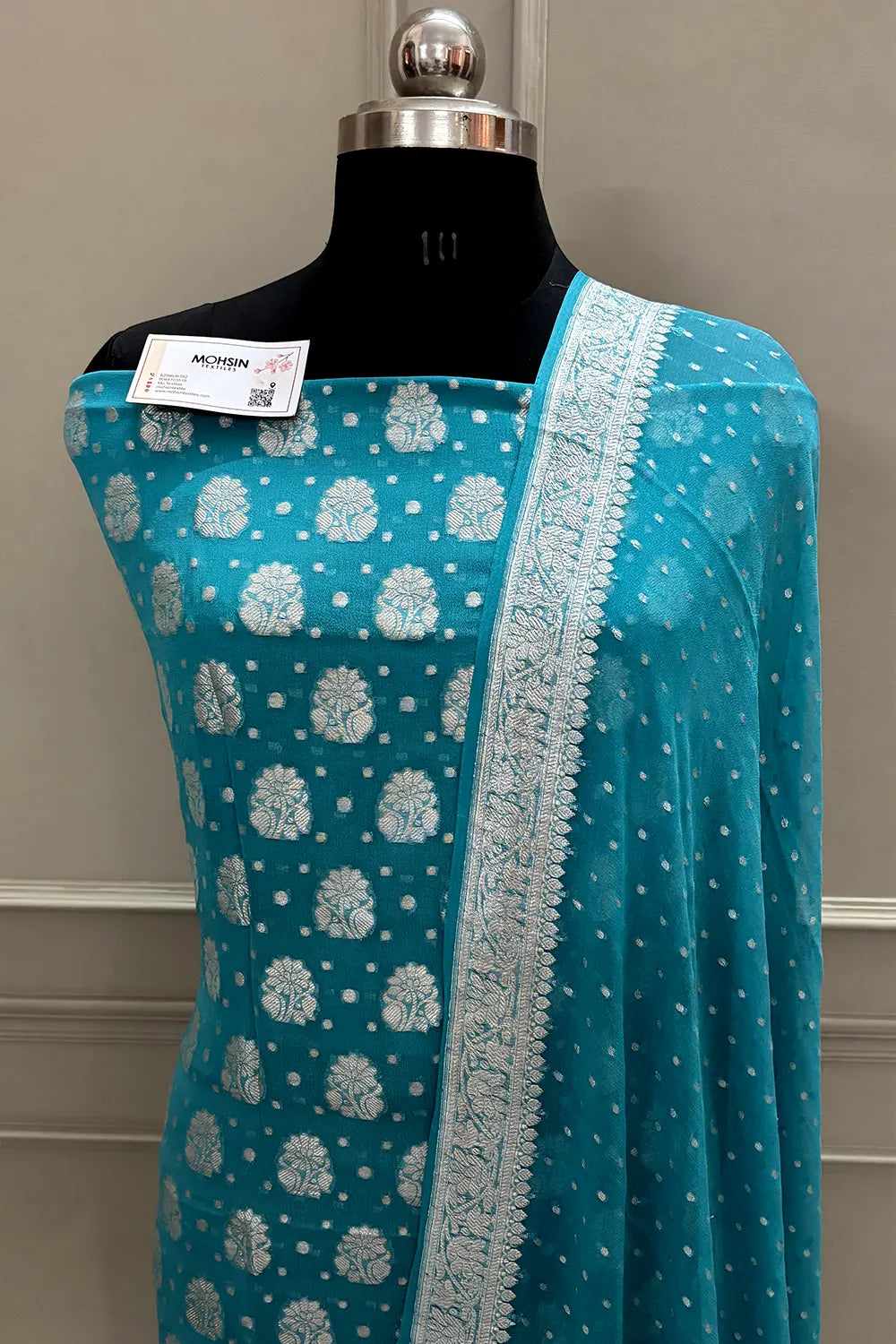 Firozi Golden Zari Pure Georgette Silk Banarasi Suit