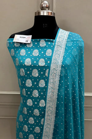 Firozi Golden Zari Pure Georgette Silk Banarasi Suit