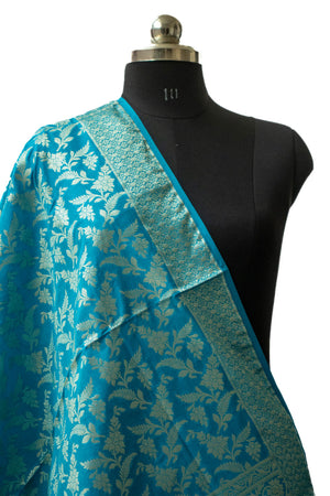 Firozi Golden Zari Katan Silk Banarasi Dupatta