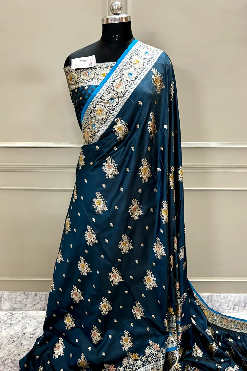 Firozi Golden Zari Katan Silk Banarasi Saree