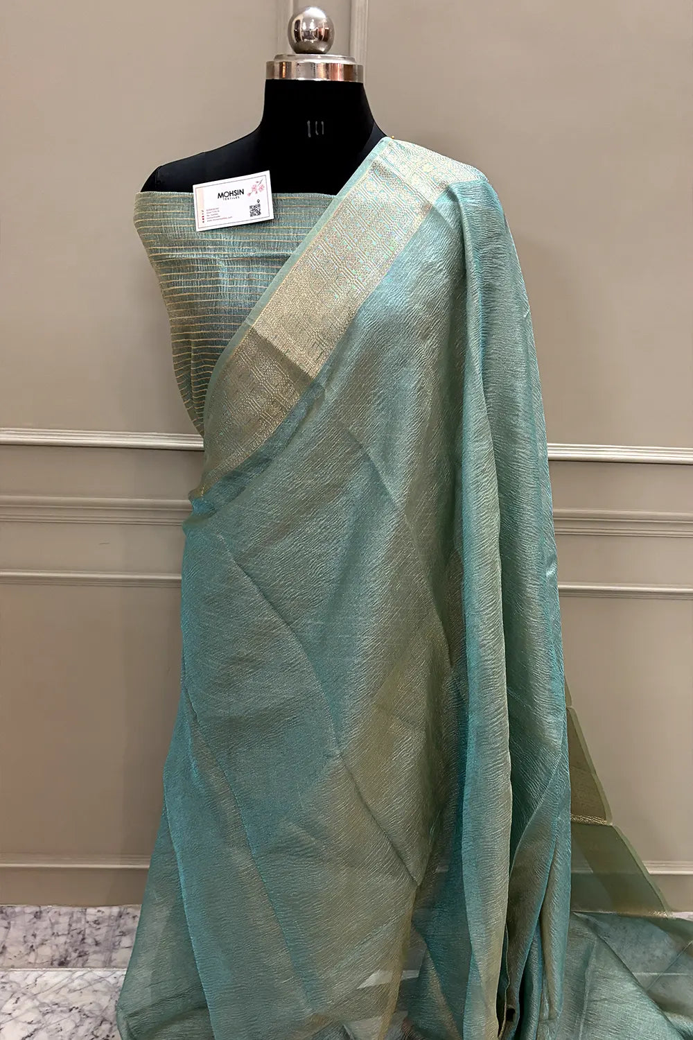 Firozi Golden Zari Tissue Silk Banarasi Saree