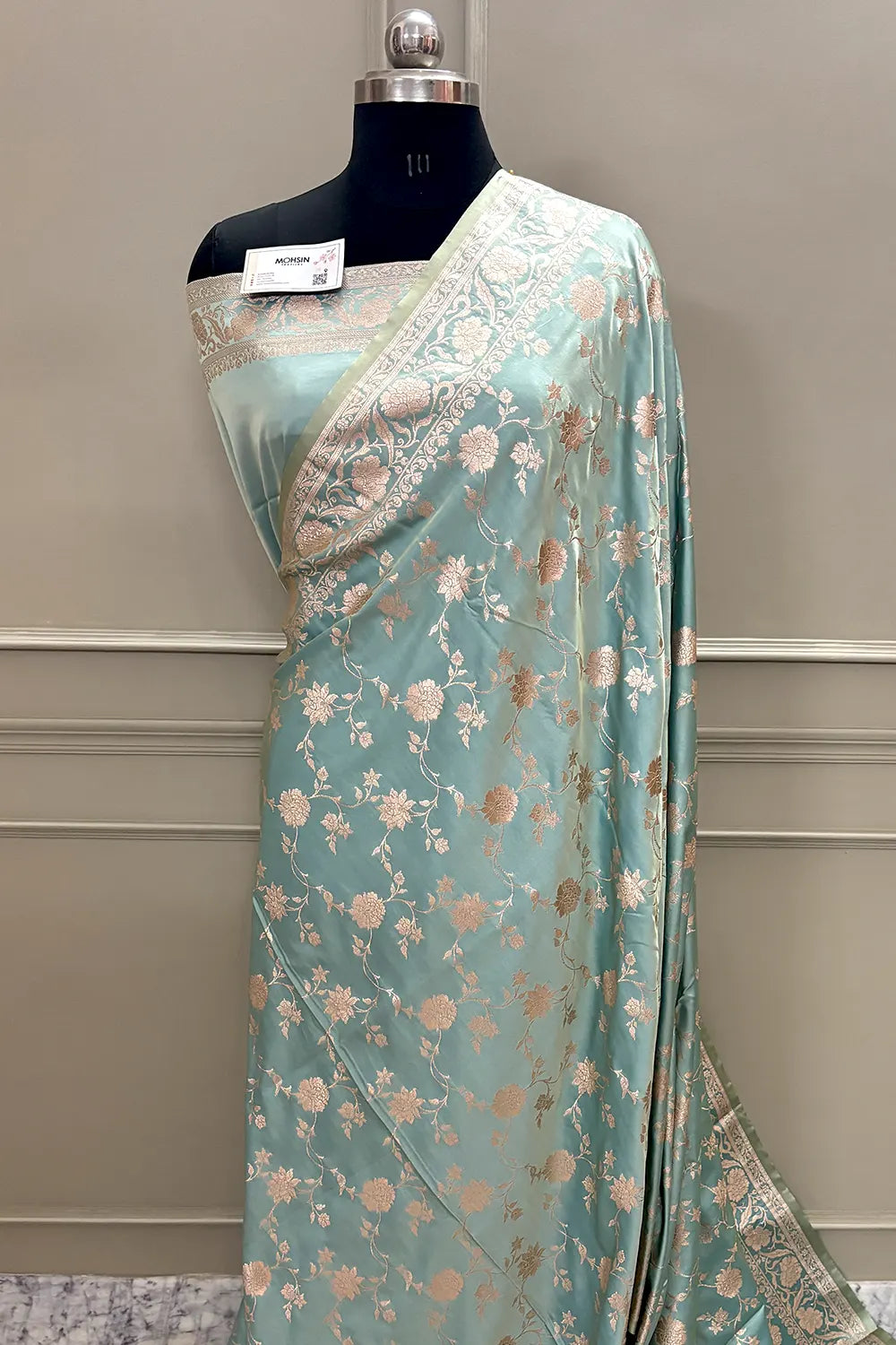 Firozi Kesari Jaal Katan Silk Banarasi Saree