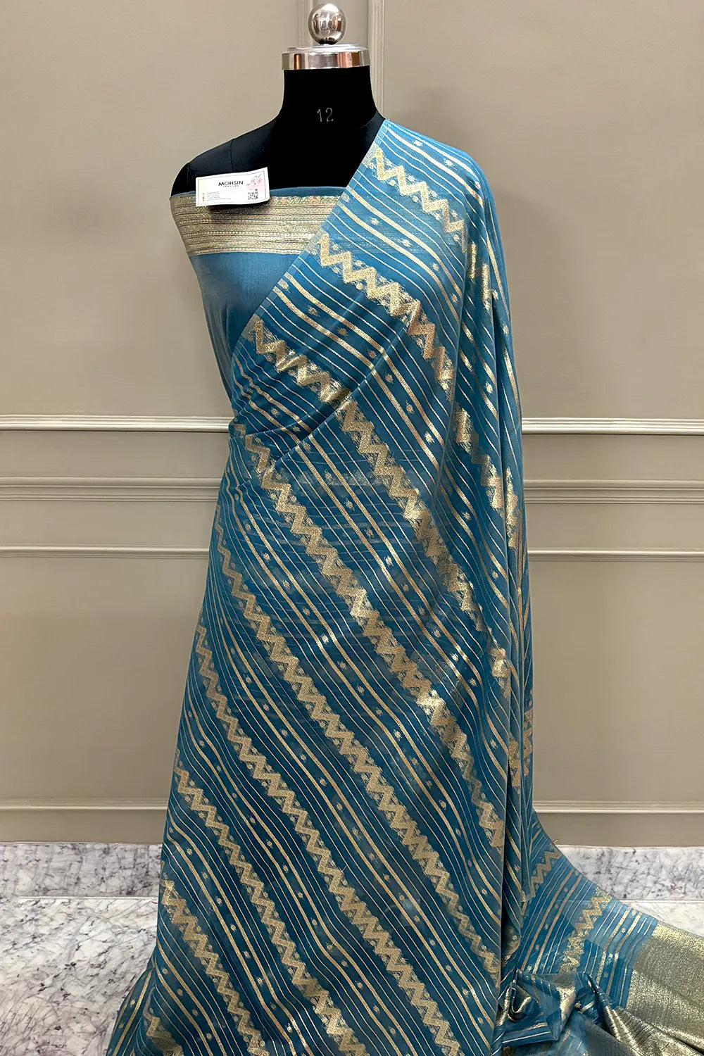 Firozi Resham Zari Chanderi Silk Banarasi Saree