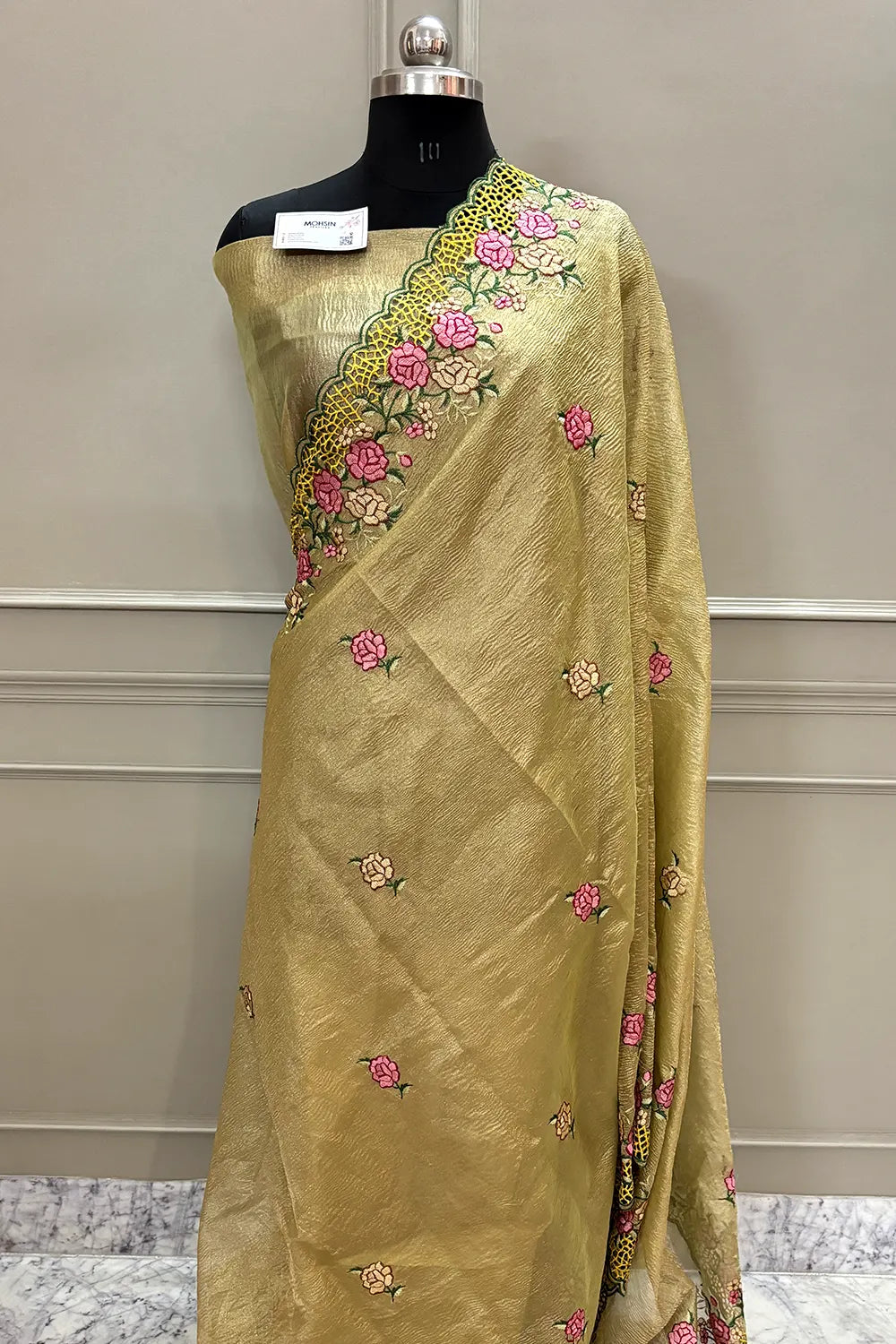 Gold Crush Embroidery Tissue Silk Banarasi Saree