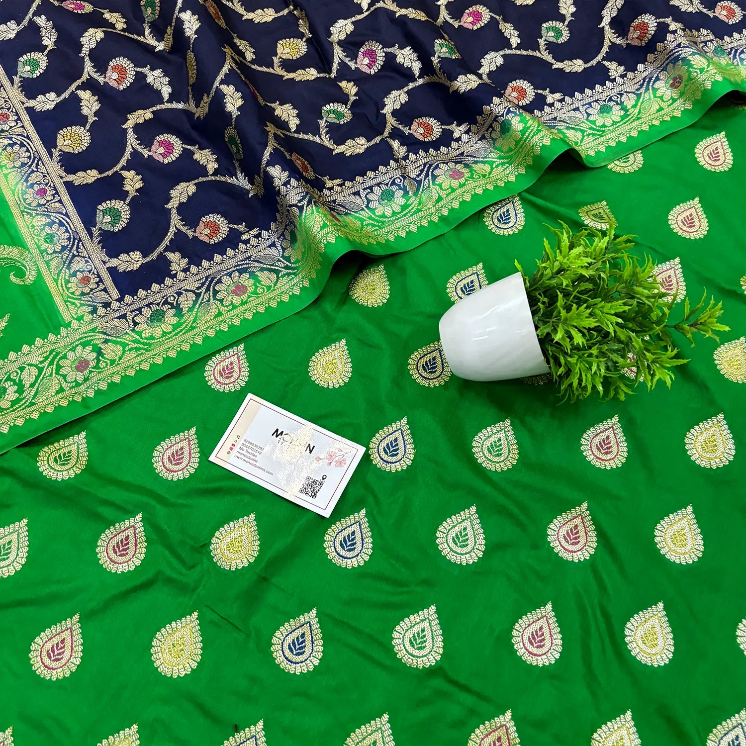 Green and Navy Blue Golden Zari Katan Silk Banarasi Suit