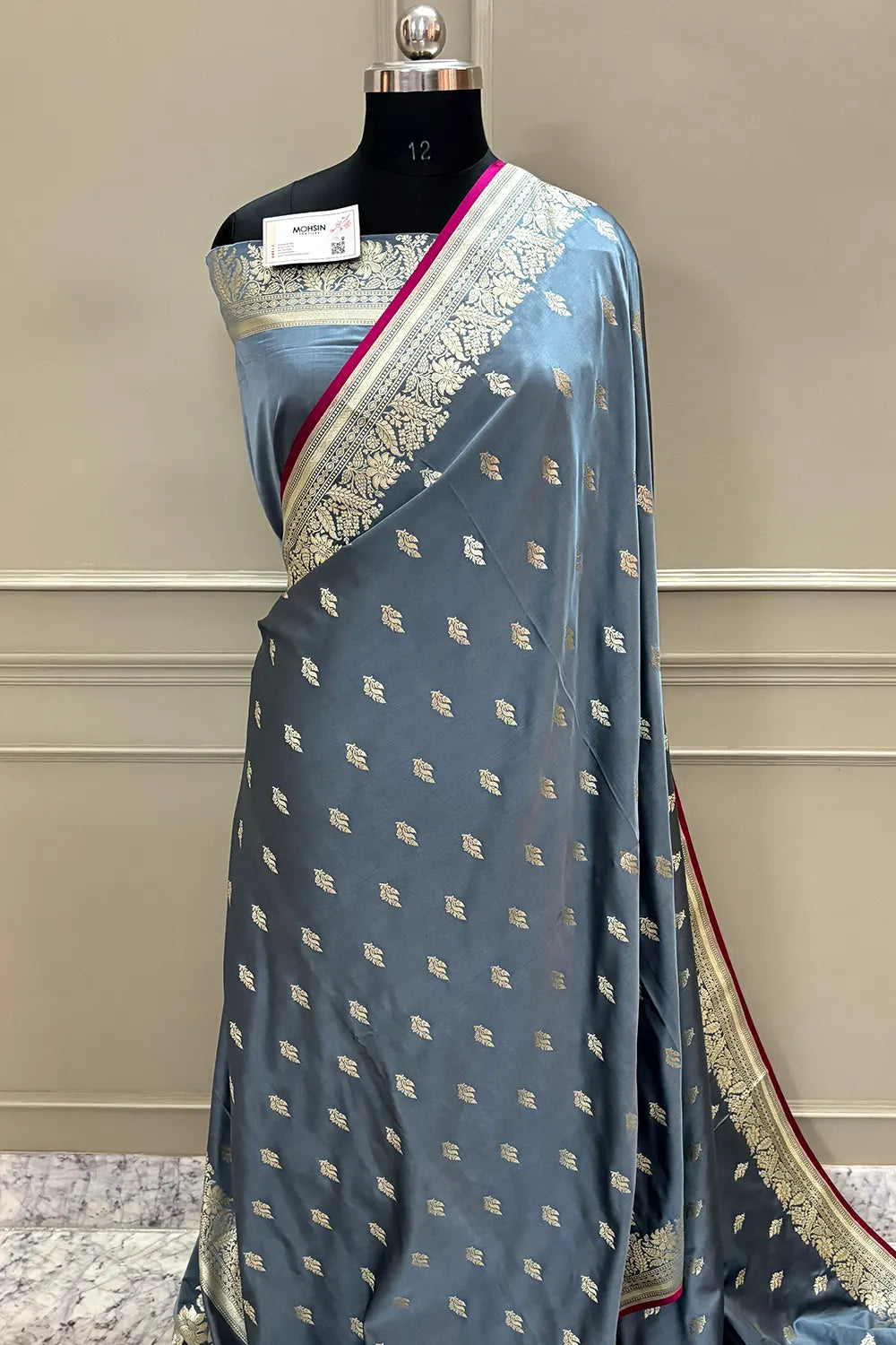 Grey Aatari Buti Katan Silk Banarasi Saree