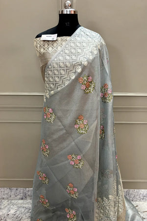 Grey Embroidery Tissue Silk Banarasi Saree