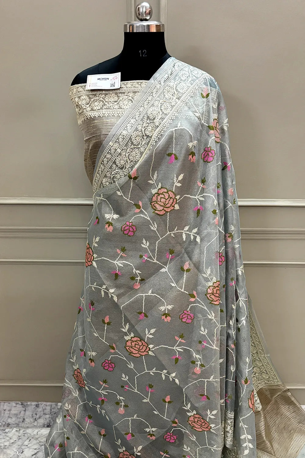 Grey Embroidery Tissue Silk Banarasi Saree
