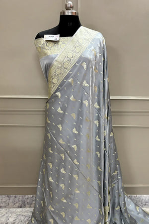 Grey Golden Zari Katan Silk Banarasi Saree