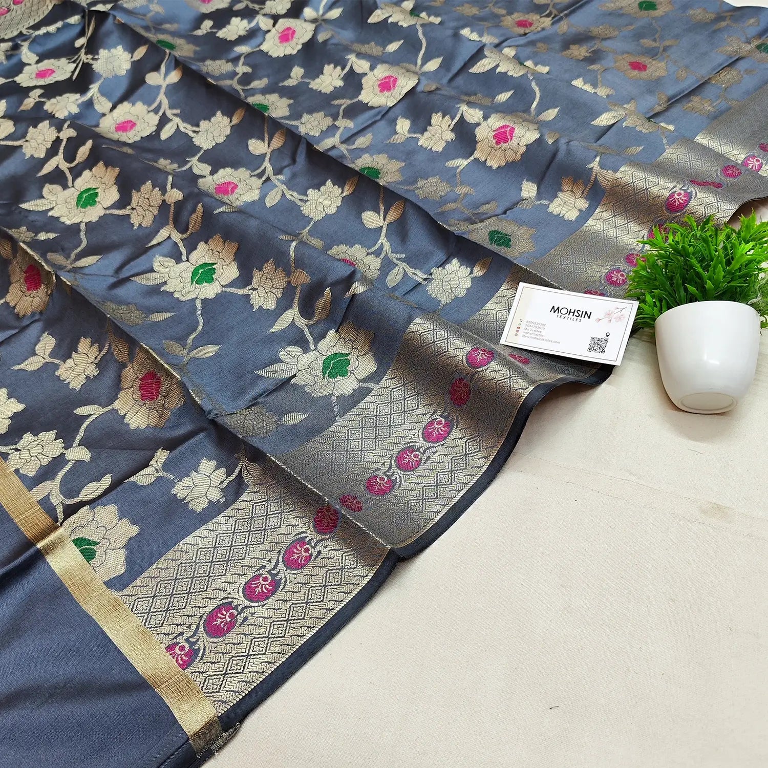 Grey Meenakari Satin Silk Banarasi Dupatta