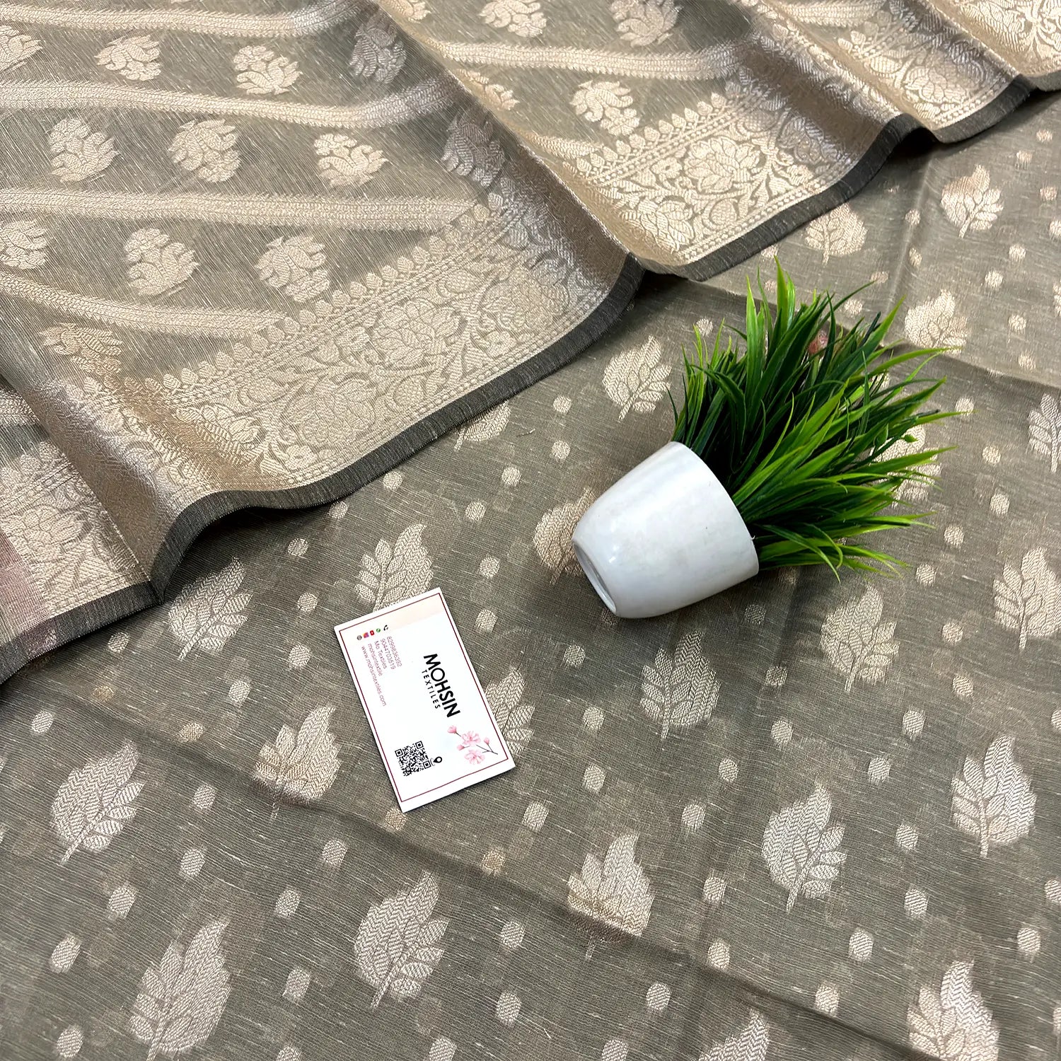 Grey Pankh Buti Satin Silk Banarasi Suit