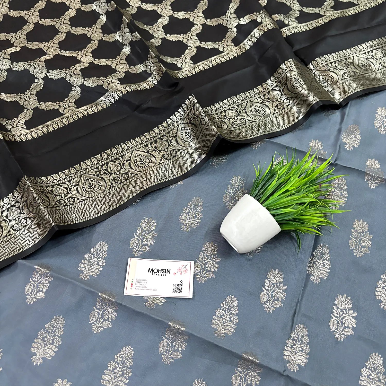 Grey and Black Phooldaan Buti Satin Silk Banarasi Suit