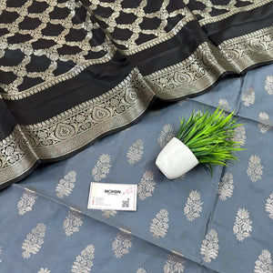 Grey and Black Phooldaan Buti Satin Silk Banarasi Suit