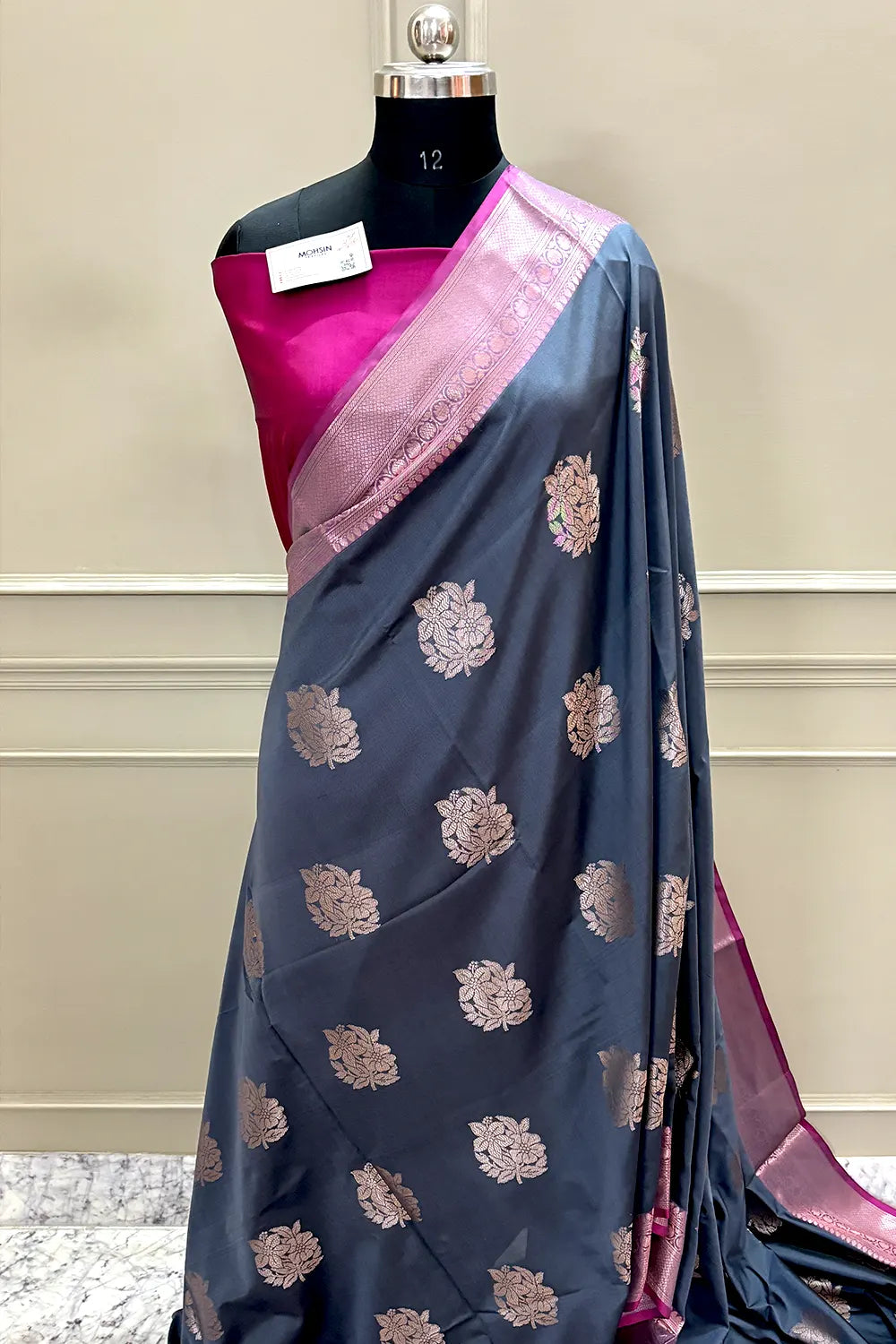Grey and Pink Golden Zari Banarasi Silk Saree