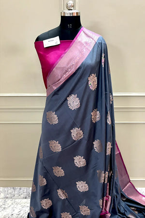 Grey and Pink Golden Zari Banarasi Silk Saree