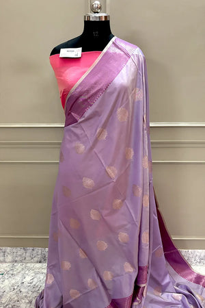 Lavender and Pink Golden Zari Banarasi Silk Saree