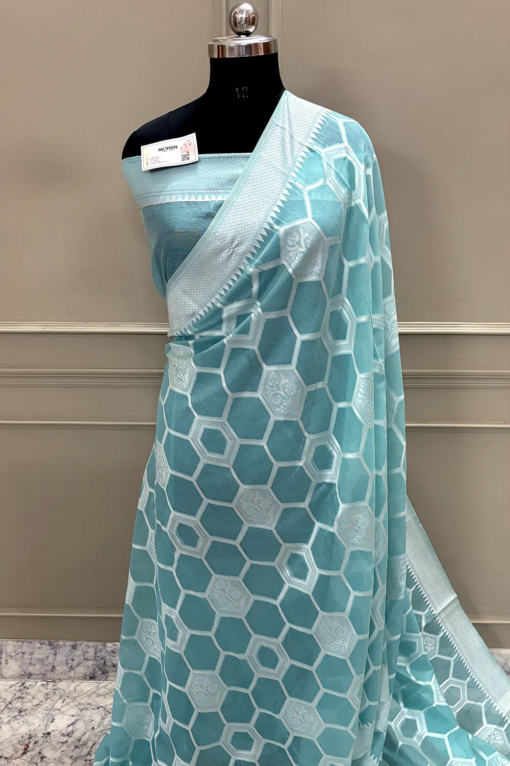 Light Firozi Resham Zari Cotton Silk Banarasi Saree