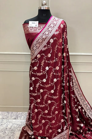 Maroon Makra Jaal Katan Silk Banarasi Saree