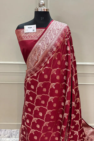 Maroon Mughal Mehrab Katan Silk Banarasi Saree