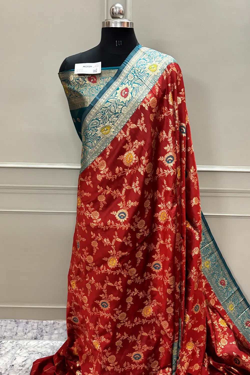 Maroon and Teal Golden Zari Silky Banarasi Saree