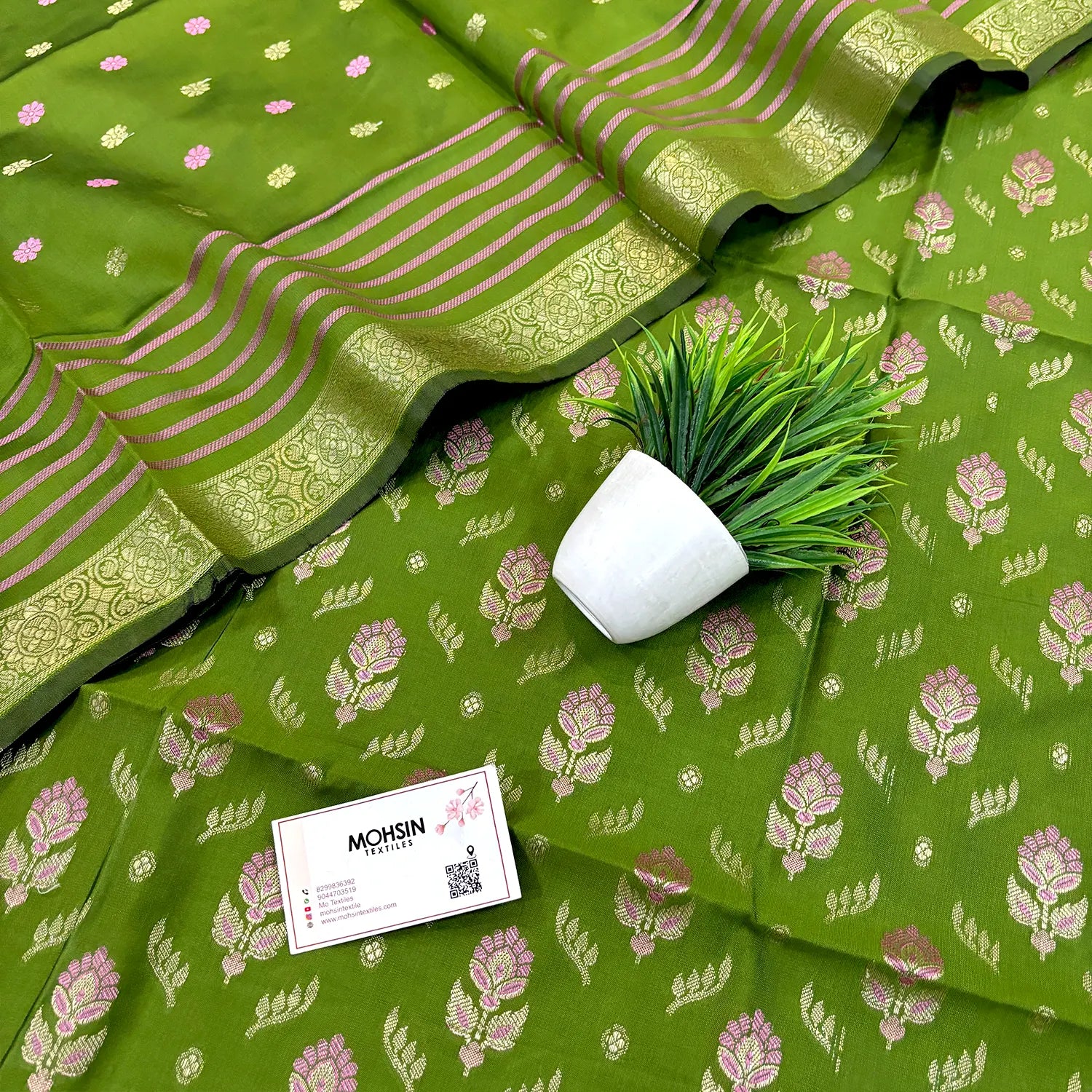 Mehendi Golden Zari Satin Silk Banarasi Suit