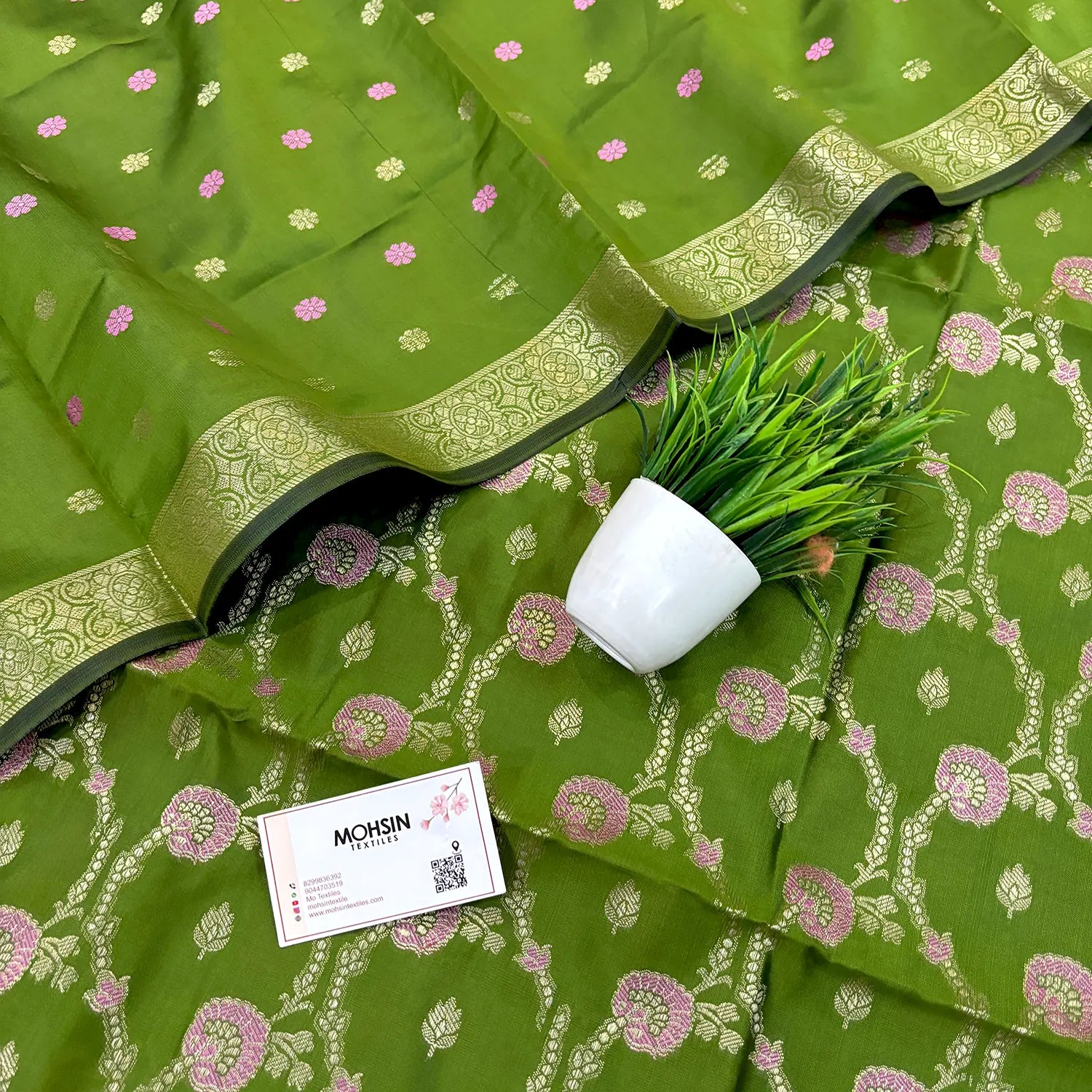 Mehendi Golden Zari Satin Silk Banarasi Suit