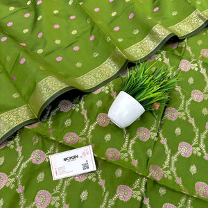 Mehendi Golden Zari Satin Silk Banarasi Suit