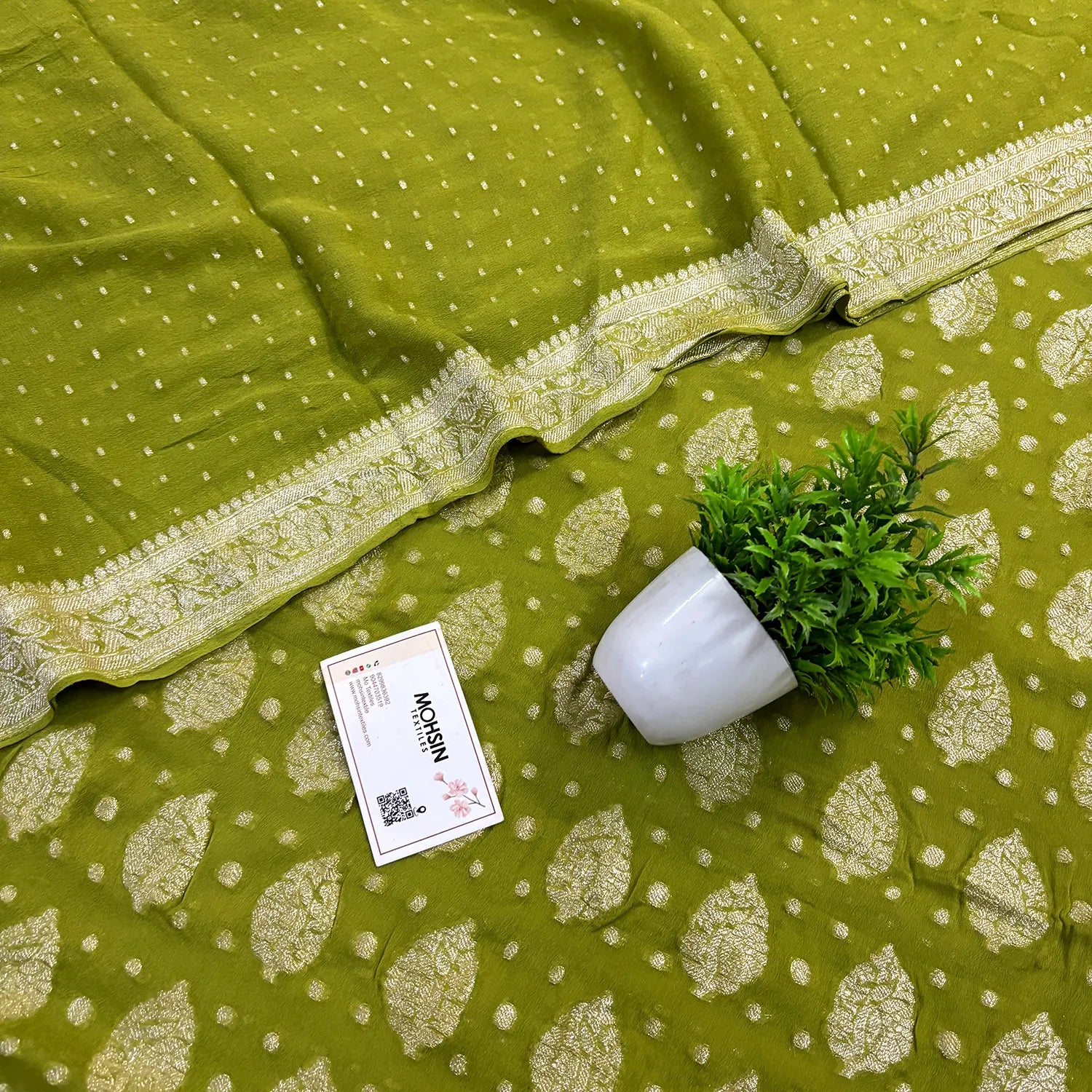 Mehendi Golden Zari Pure Georgette Silk Banarasi Suit