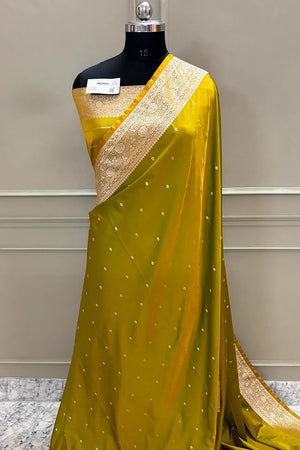 Mehendi Golden Zari Katan Silk Banarasi Saree