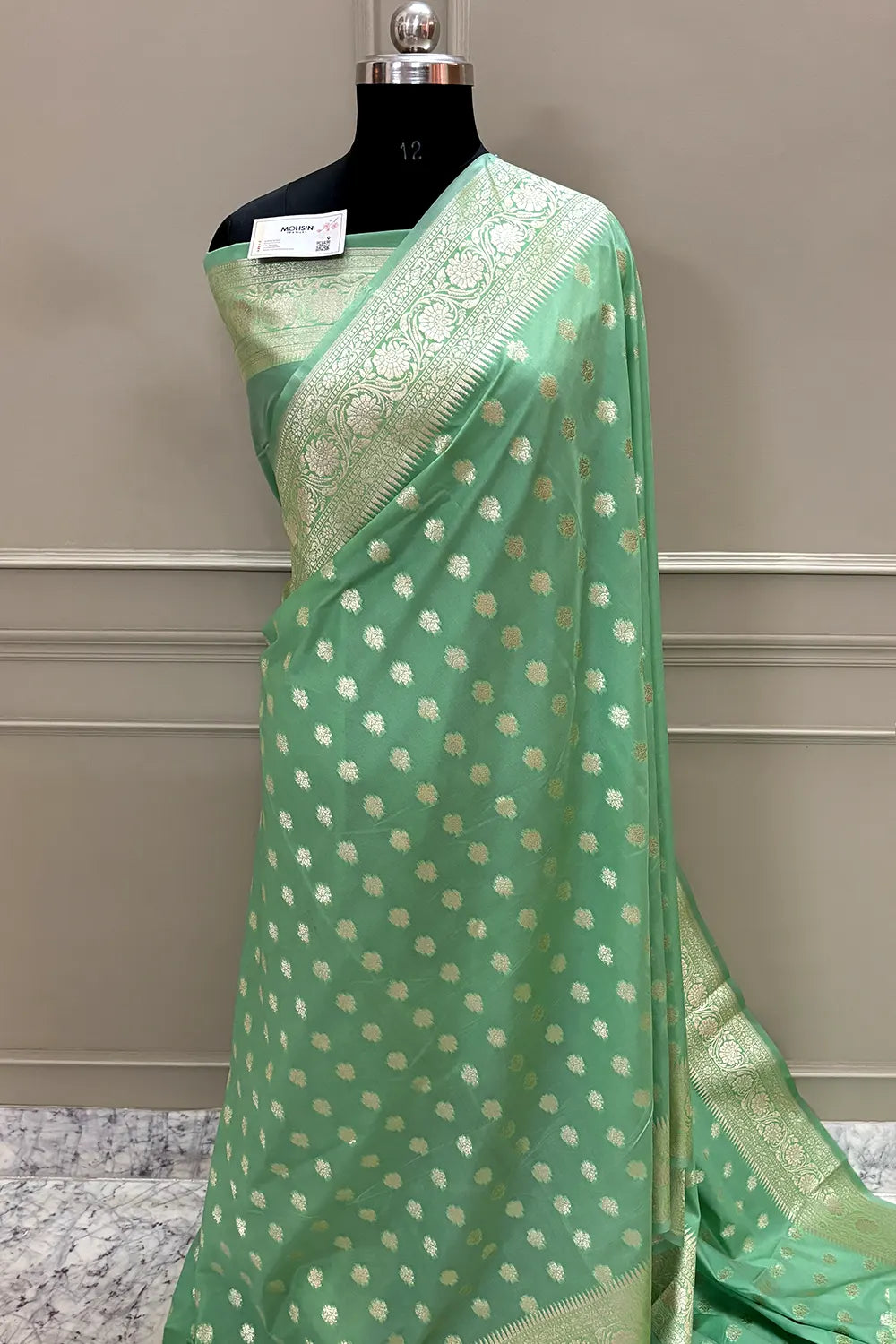 Mint Green Golden Zari Crepe Silk Banarasi Saree