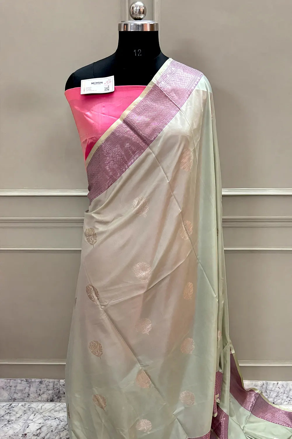 Mint and Pink Golden Zari Banarasi Silk Saree
