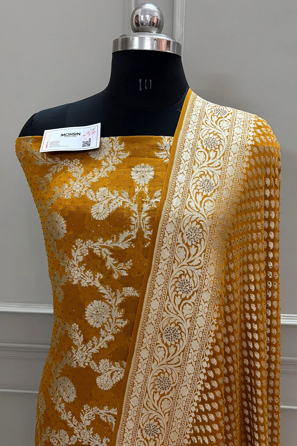 Mustard Jaalnuma Siroski Stone Pure Georgette Silk Banarasi Suit