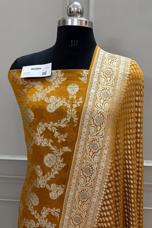 Mustard Jaalnuma Siroski Stone Pure Georgette Silk Banarasi Suit