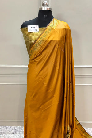 Mustard Plain Golden Zari Silky Banarasi Saree