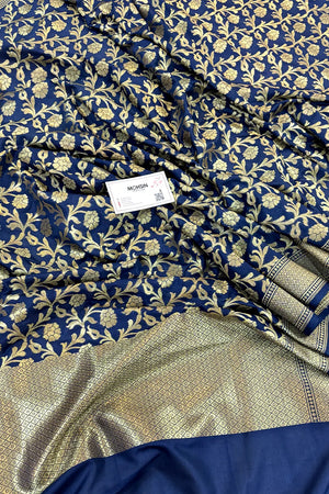 Navy Blue Golden Zari Satin Silk Banarasi Dupatta