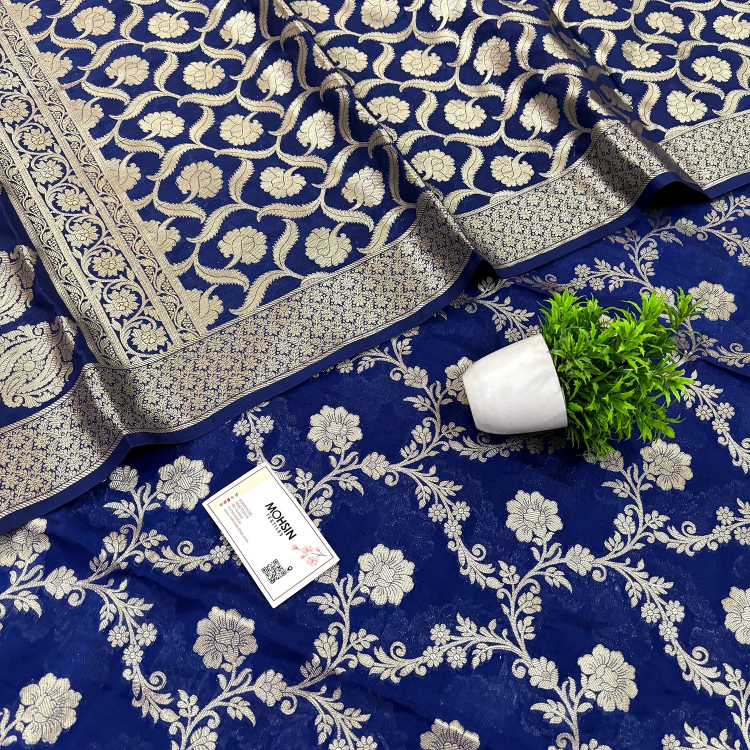 Navy Blue Kashmiri Jaal Katan Silk Banarasi Suit