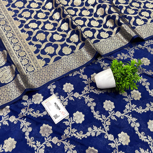 Navy Blue Kashmiri Jaal Katan Silk Banarasi Suit