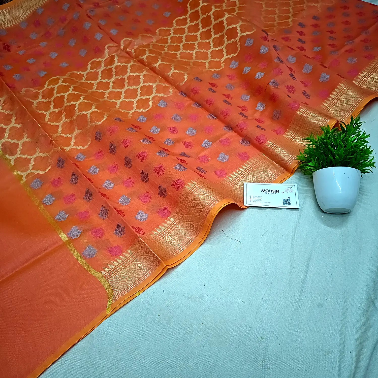 Orange Golden Zari Banarasi Silk Dupatta