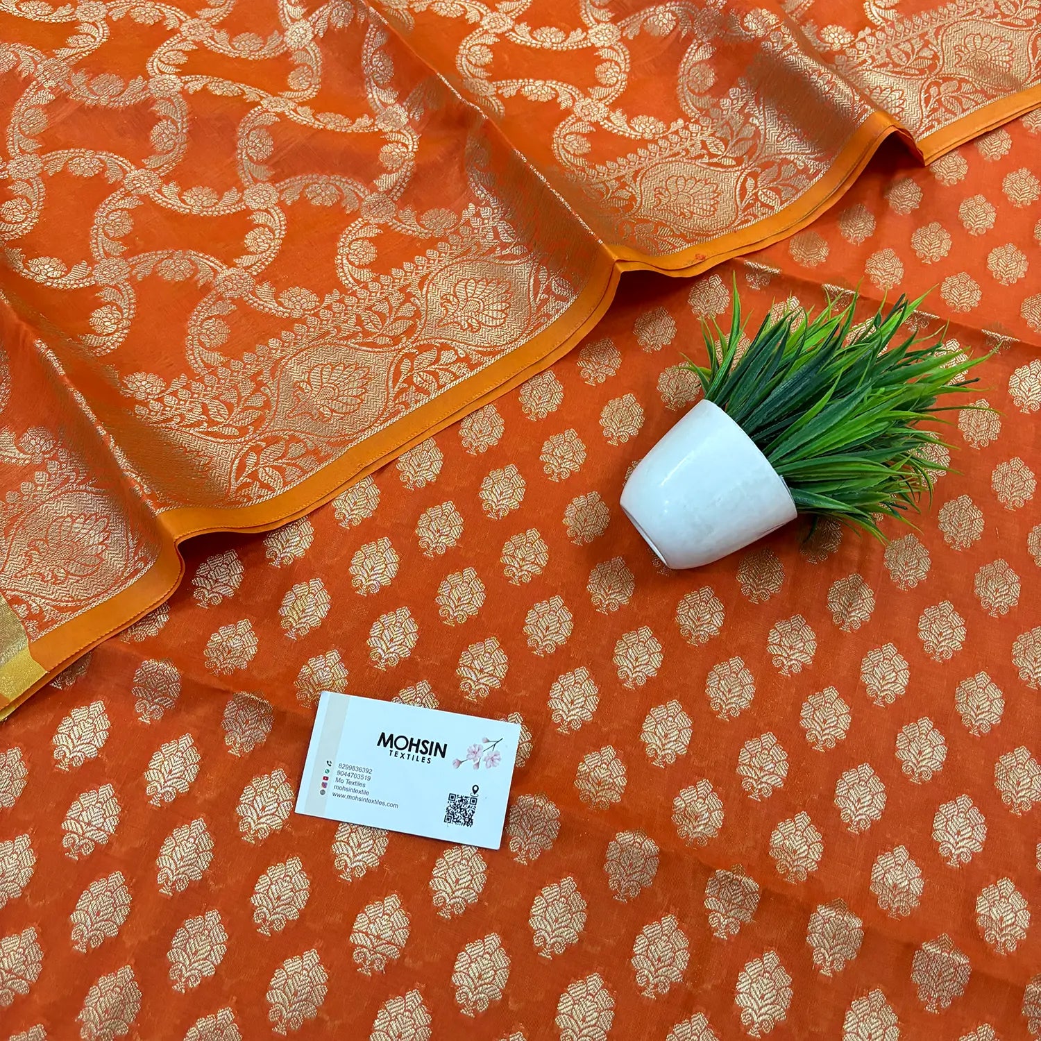 Orange Golden Zari Resham Silk Banarasi Suit