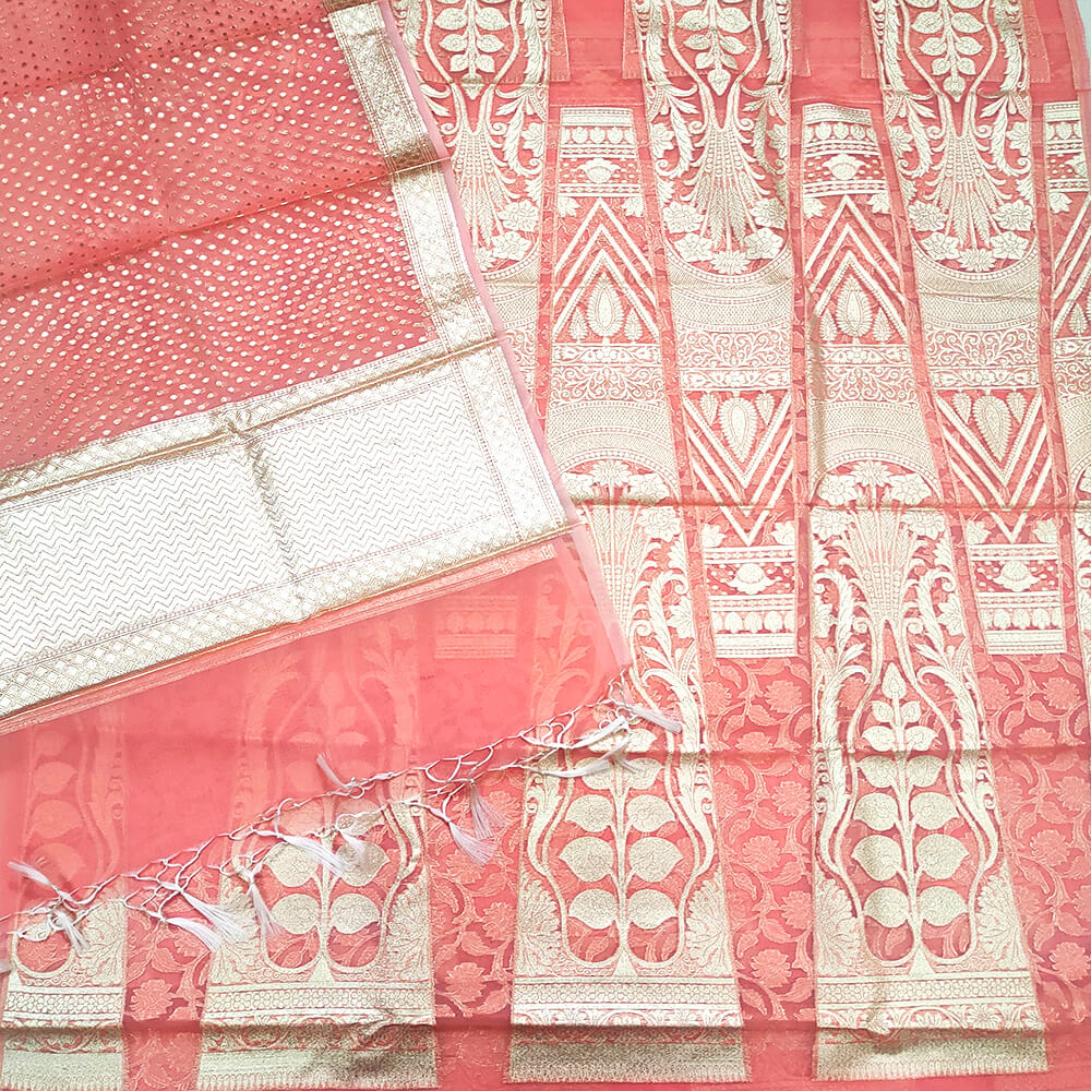 Peach 24 Kalli Organza Silk Banarasi Lahenga