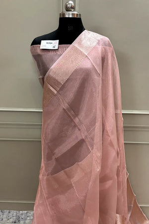 Peach Golden Zari Tissue Silk Banarasi Saree