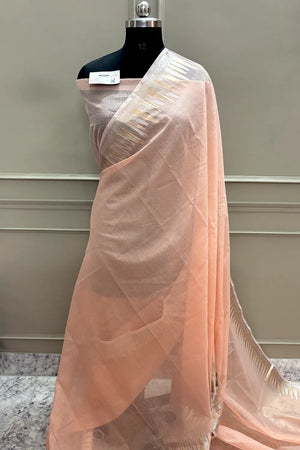 Peach Plain Moonga Check Silk Saree