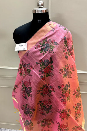 Peach Printed Dupion Silk Banarasi Dupatta