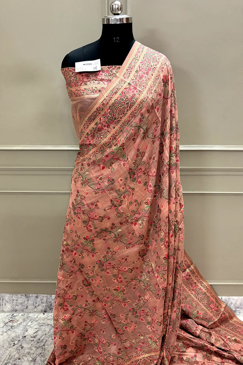 Peach Printed Linen Silk Banarasi Saree